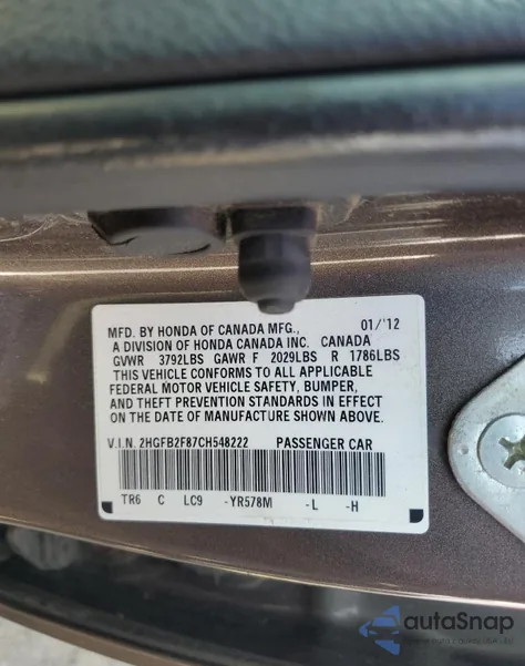 2012 Honda Civic Ex from USA, damaged, VIN 2HGFB2F87CH548222